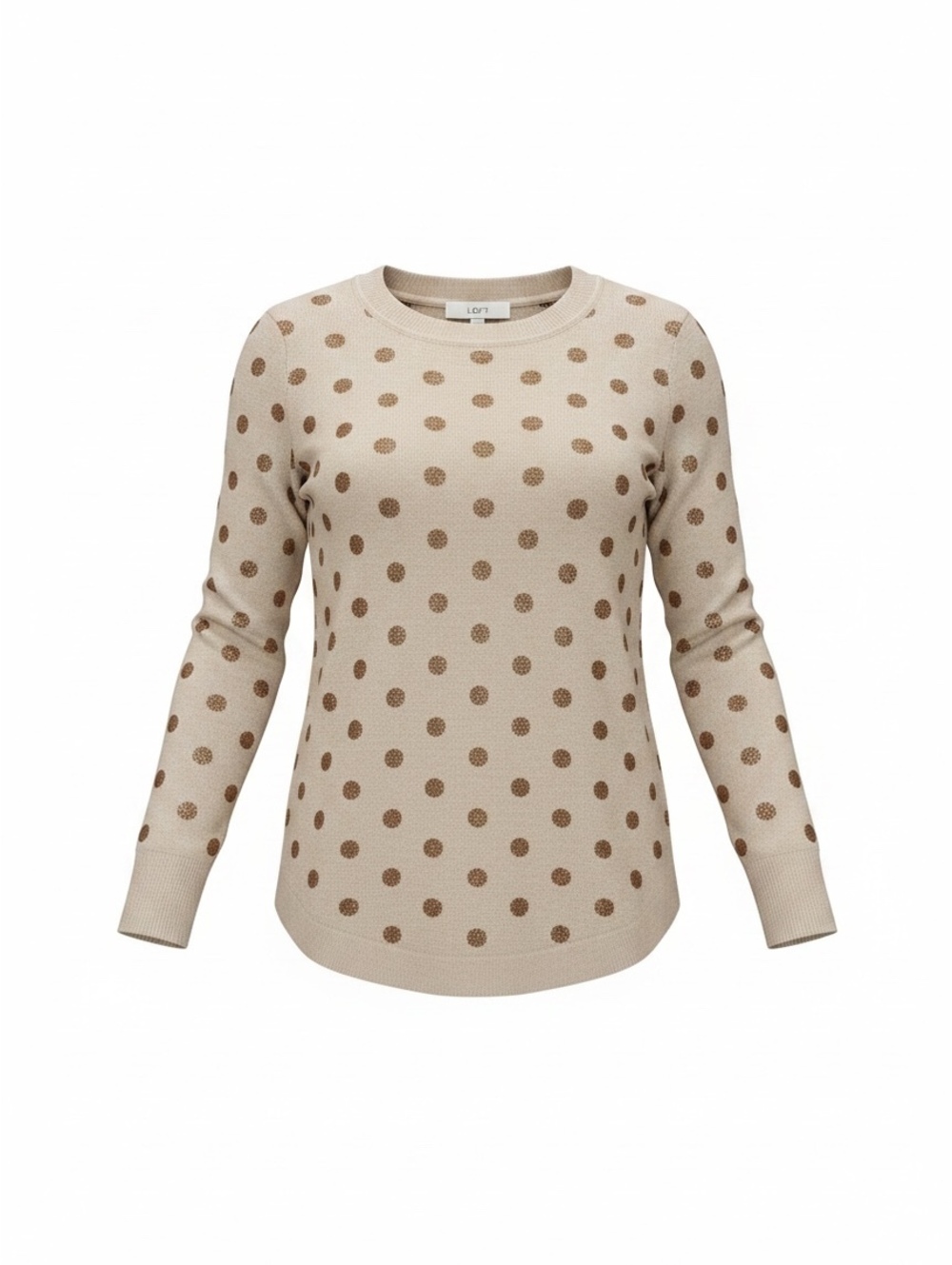 LOFT Taupe Metallic Polka Dot Sweater XS Brown Bronze Crewneck Curved Hem